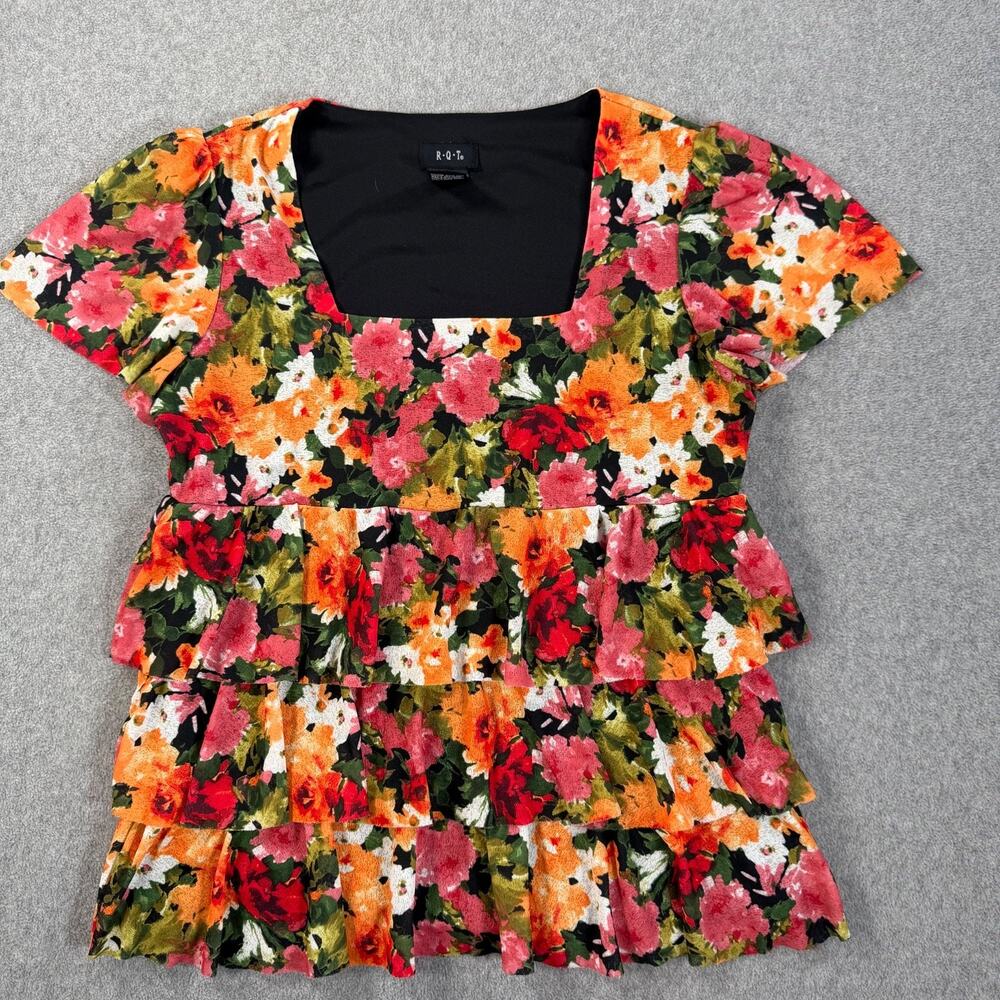 RQT Vintage Square Neck Tiered Blouse Women's Medium Floral Short Sleeve 90s
